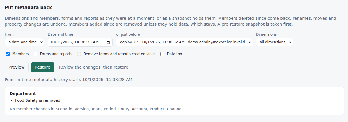 Previewing a metadata restore: a member added since is removed, everything else unchanged